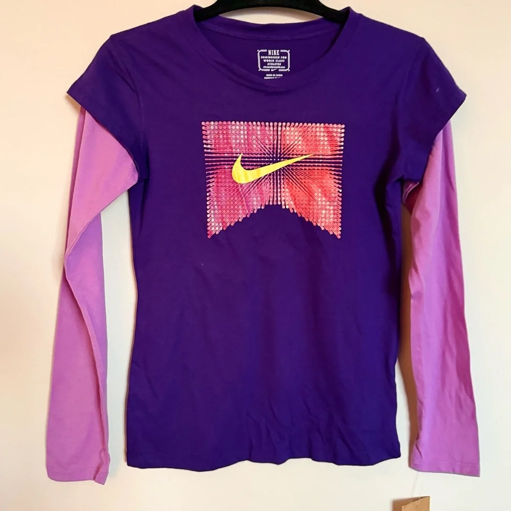Nike Girls Purple Rhinestone Swoosh Long Sleeve Top Size L